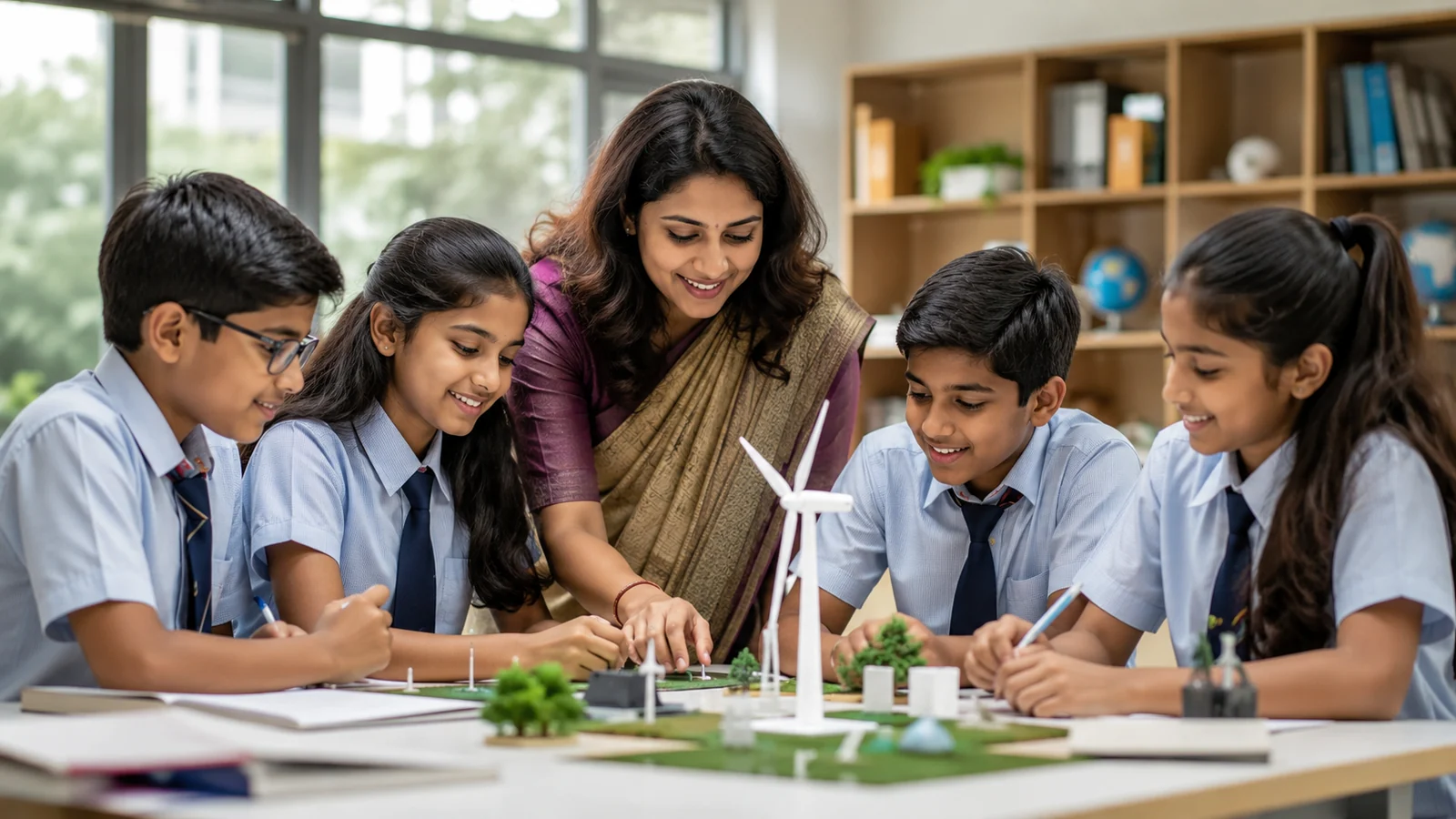 Indian children learning together with mentor guidance