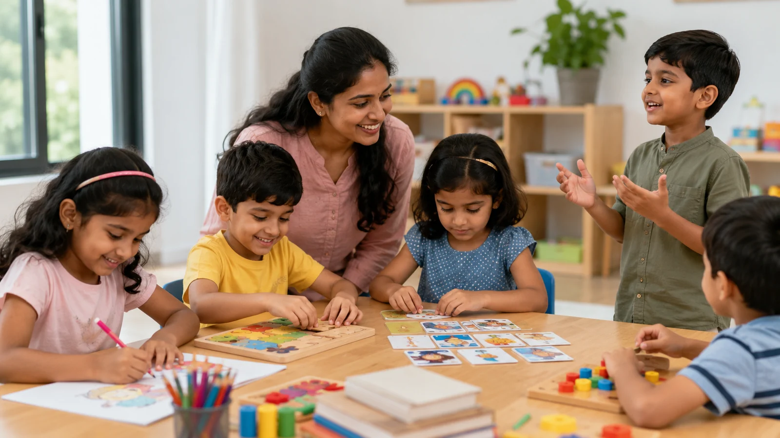 Children improving learning skills through memory cards, puzzles and creative activities