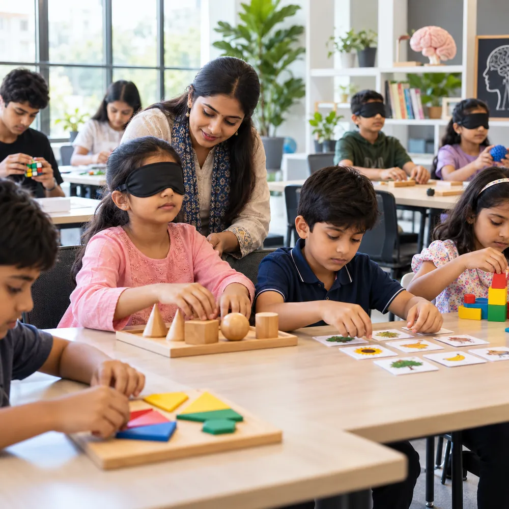 Children of different ages doing stage-wise activities with shapes, puzzles and picture cards