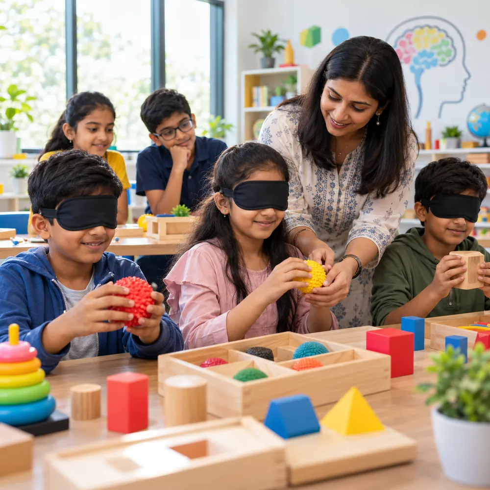 Blindfolded children identifying textured sensory balls by touch with a teacher's guidance