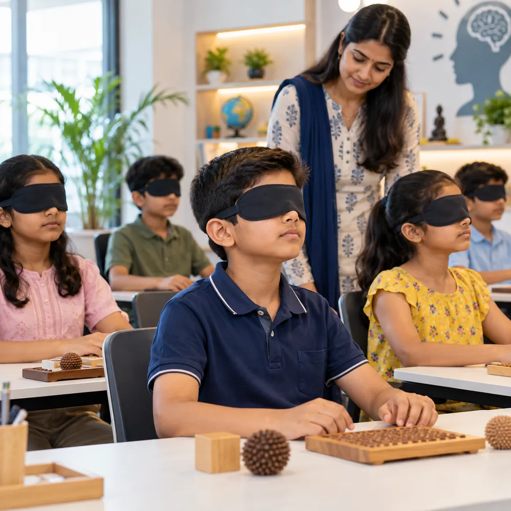 A class of blindfolded students concentrating on a tactile board while the teacher observes