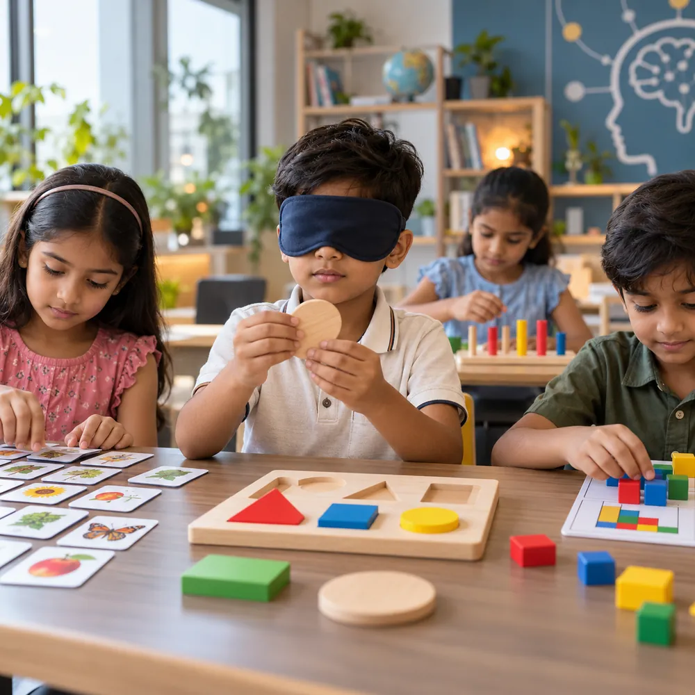 Children working on organised activities: a blindfolded shape exercise, picture cards and block patterns