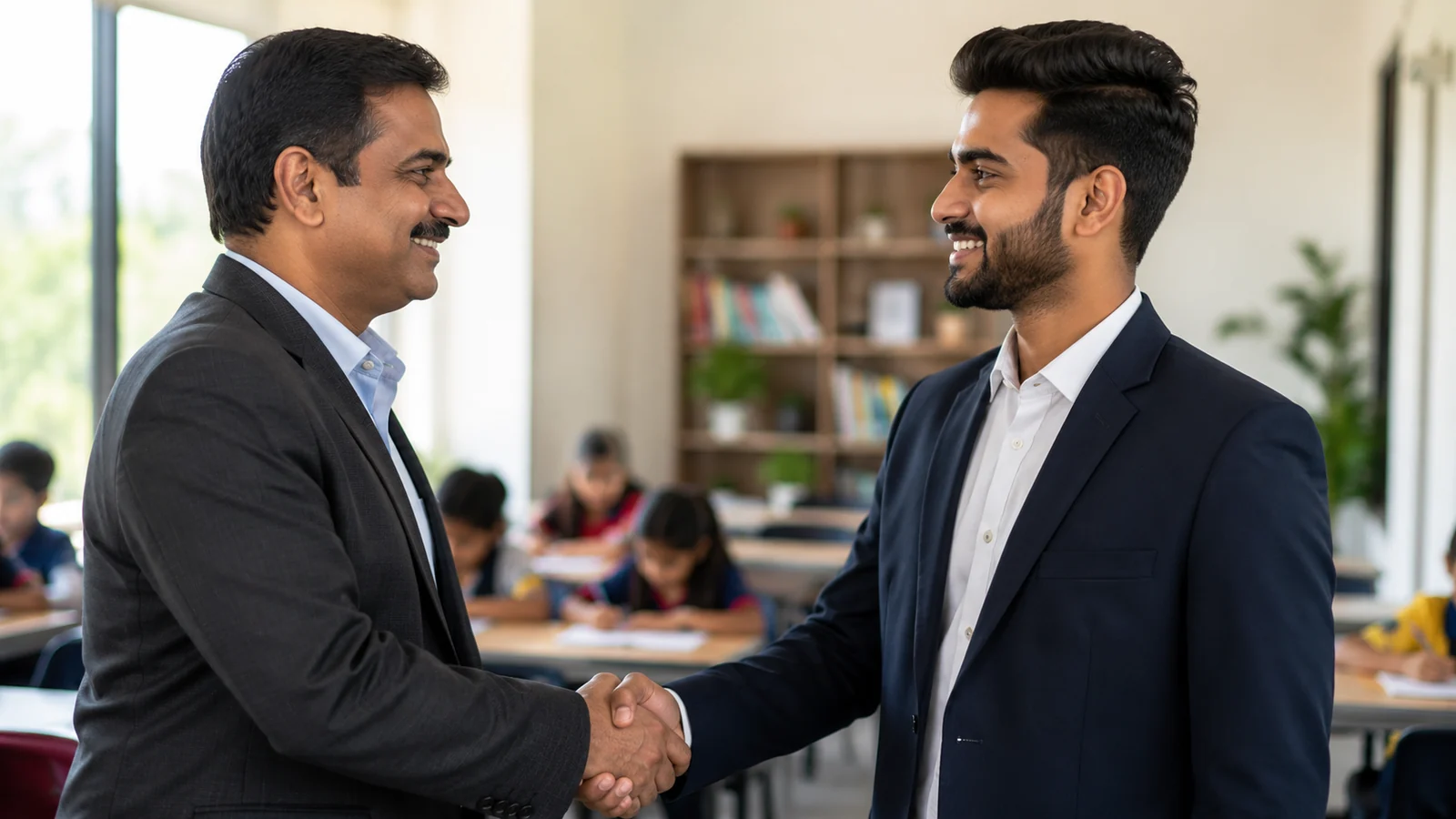 Education mentor and entrepreneur partnership handshake
