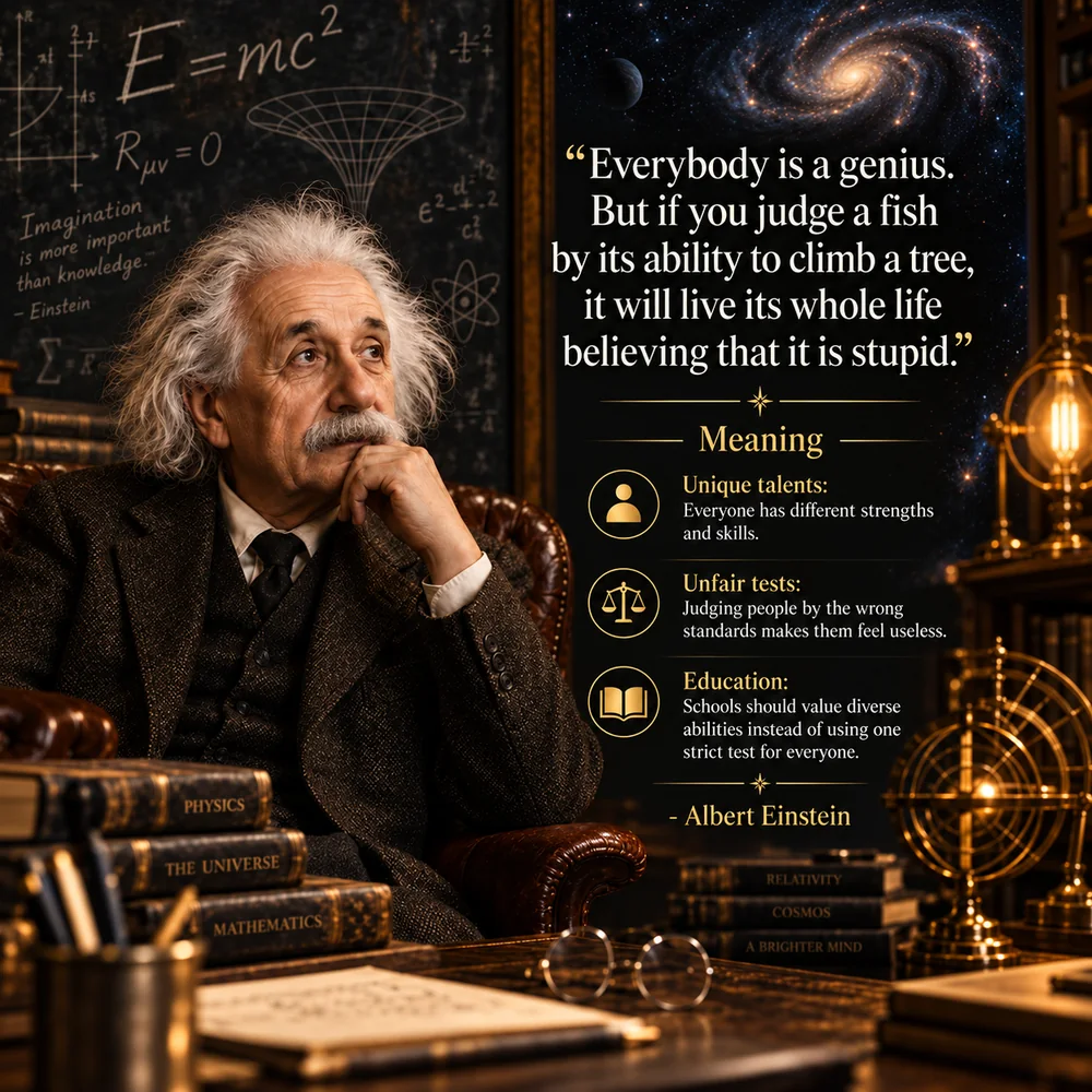 Albert Einstein quote: Everybody is a genius. But if you judge a fish by its ability to climb a tree, it will live its whole life believing that it is stupid.