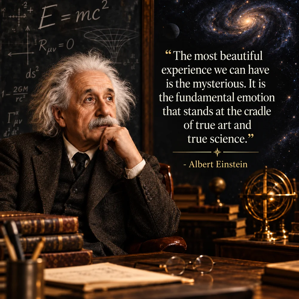 Albert Einstein quote: The most beautiful experience we can have is the mysterious. It is the fundamental emotion that stands at the cradle of true art and true science.